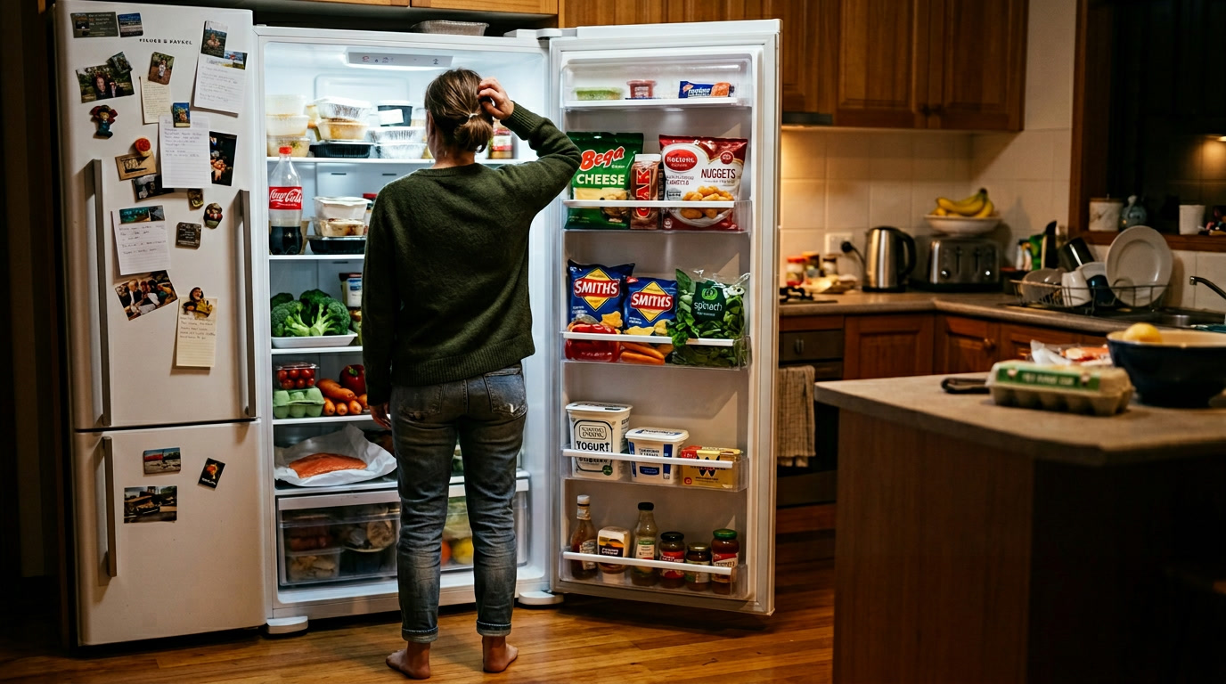 Standing at the fridge, unsure what to eat