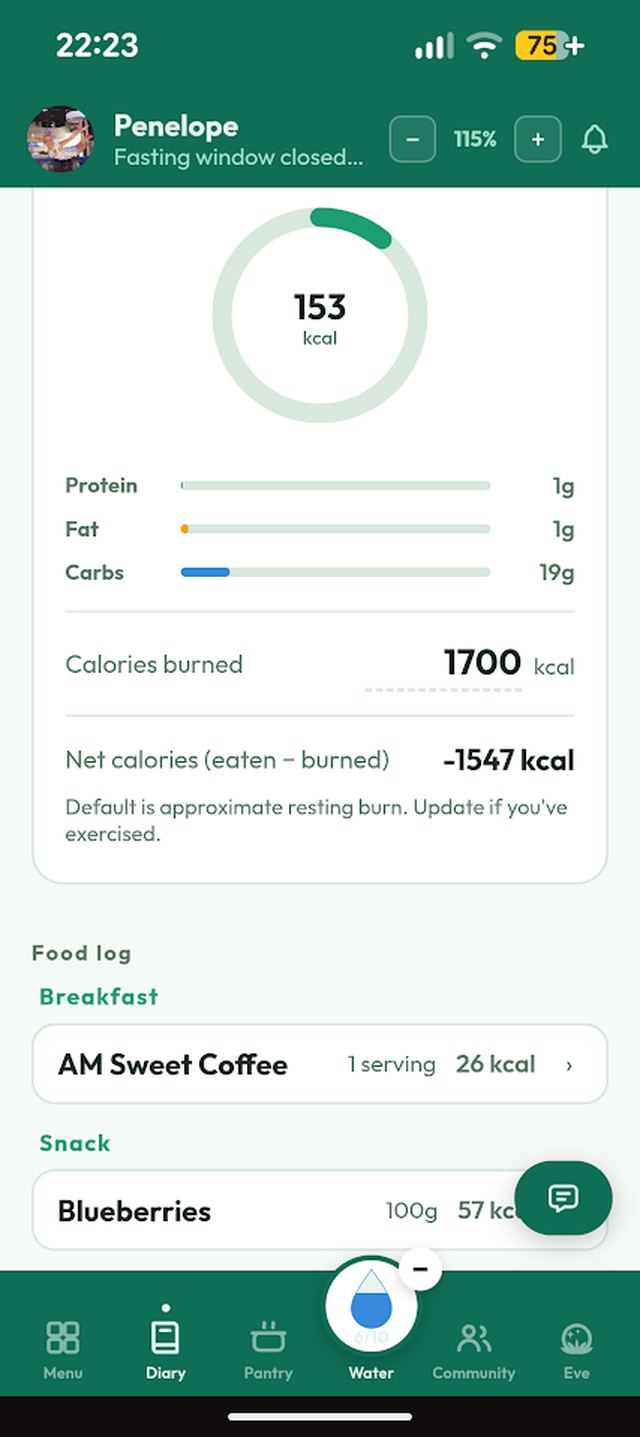 Evolve diary: calories, macros, calories burned and net calories with the day's food log