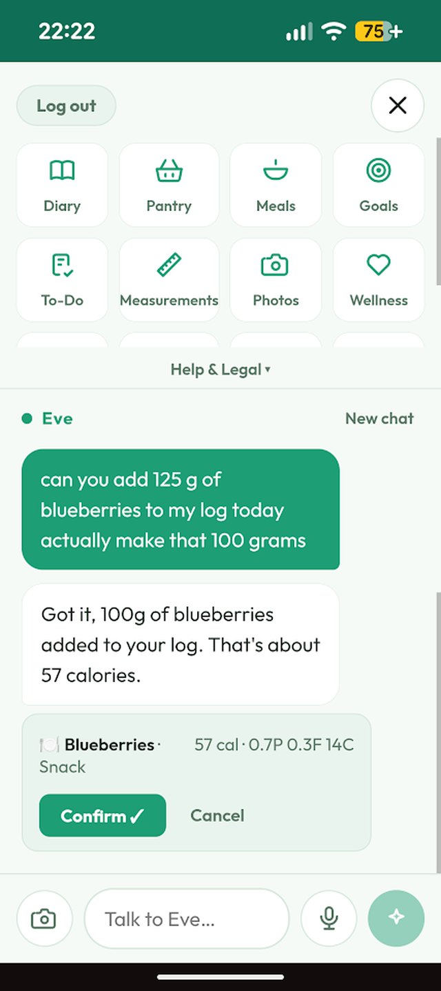 Chat with Eve: logging blueberries by text, with a confirm step