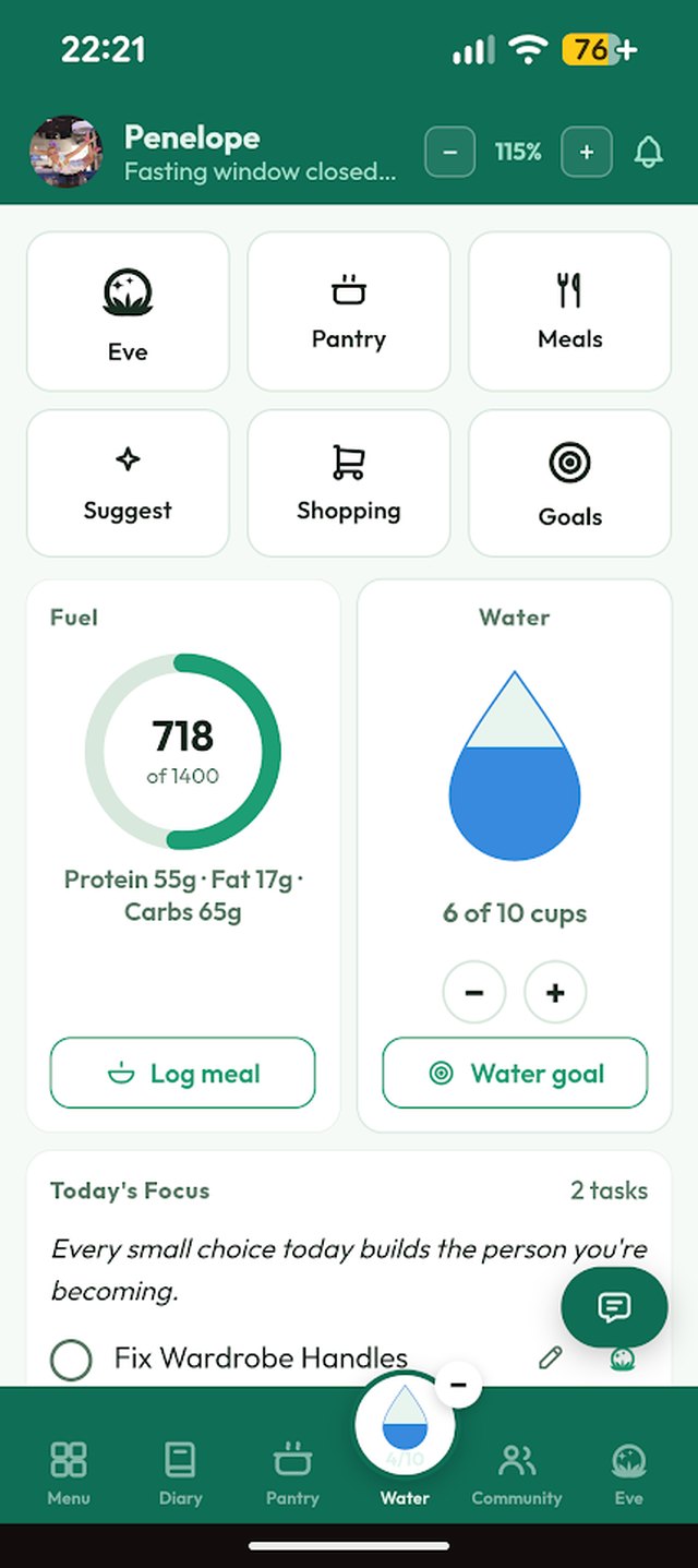 Evolve home screen: Fuel and Water rings, quick tiles, and Today's Focus