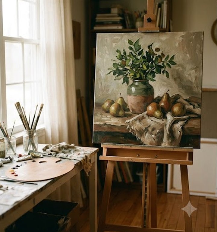 Finished still-life painting on the easel